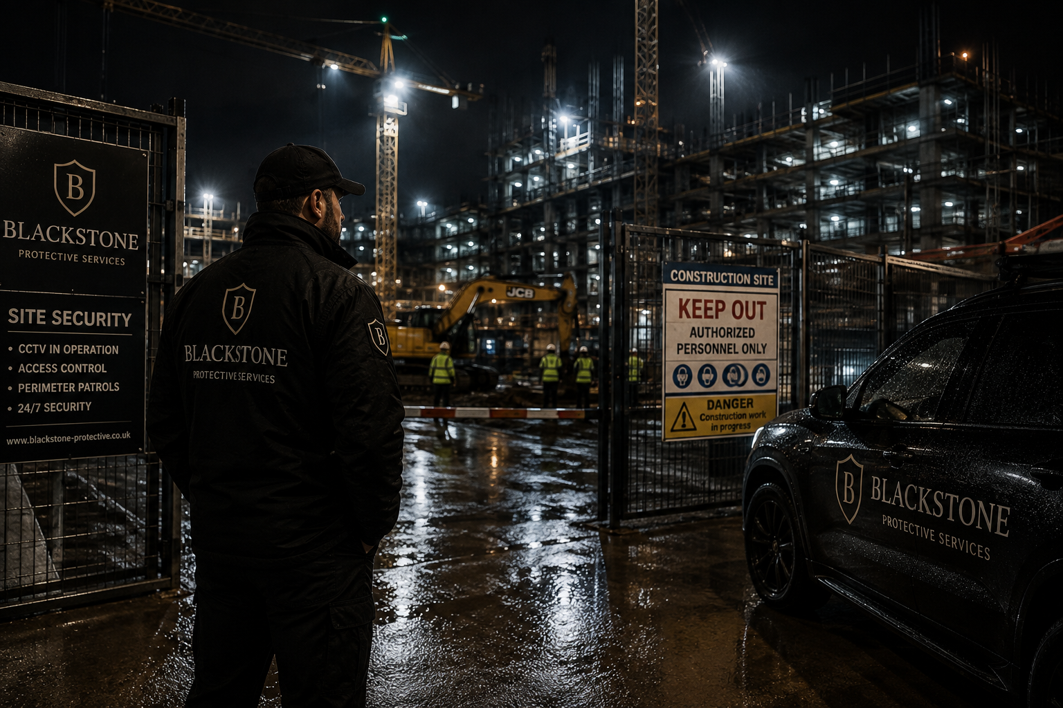 Professional security officer protecting a construction site at night