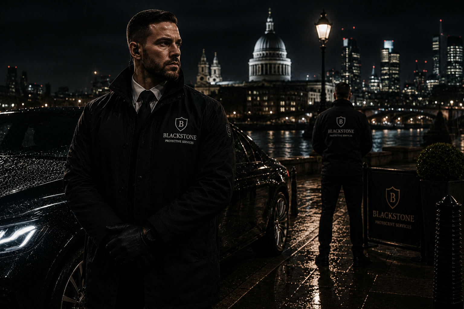 Professional security guards patrolling London premises at night